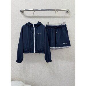 MIUMIU Thin Letter Embroidered Set Casual Hooded Jacket + Shorts